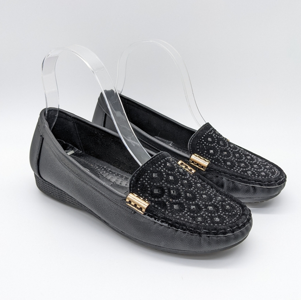 💥Golden Road NY black gold velvet rhinestone slip on 7.5